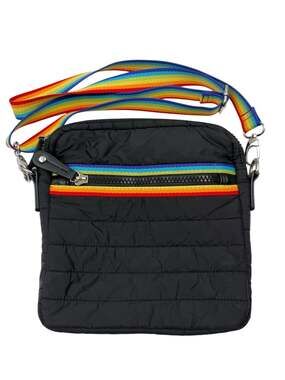 Sondra Roberts Squared Black Quilted Puffer Crossbody Bag with Rainbow Strap